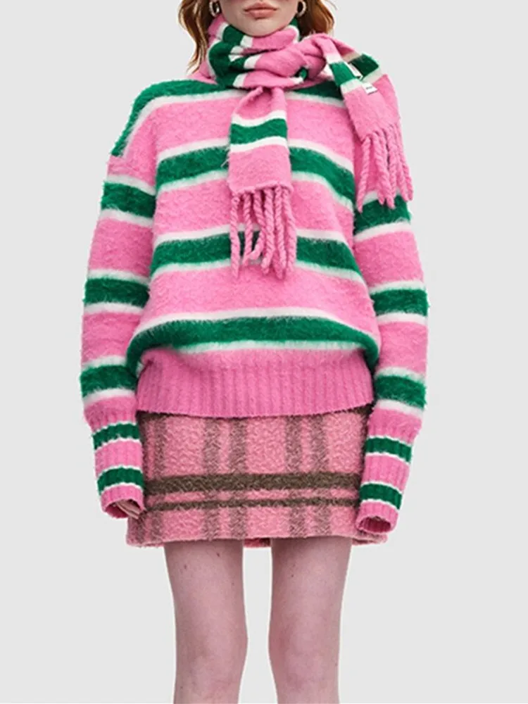 

2023 Early Autumn Women O-Neck Stripes Loose Straight Sweet Fashion Simple All-Match Sweater