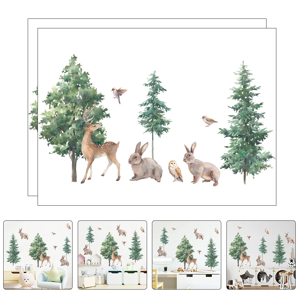 

2 Sets PVC Playroom Removable Bedroom Wall Sticker Forest Deer Wall Sticker Forest Fawn Wallpaper Pine Deer Background Decal