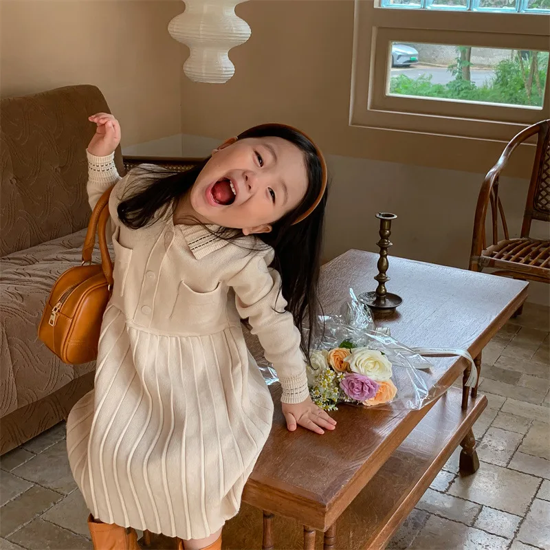 

Осеннее вязаное шерстяное платье в Корейском стиле для девочек, детская одежда принцессы с длинным рукавом, акриловые драпированные платья до колена для малышей