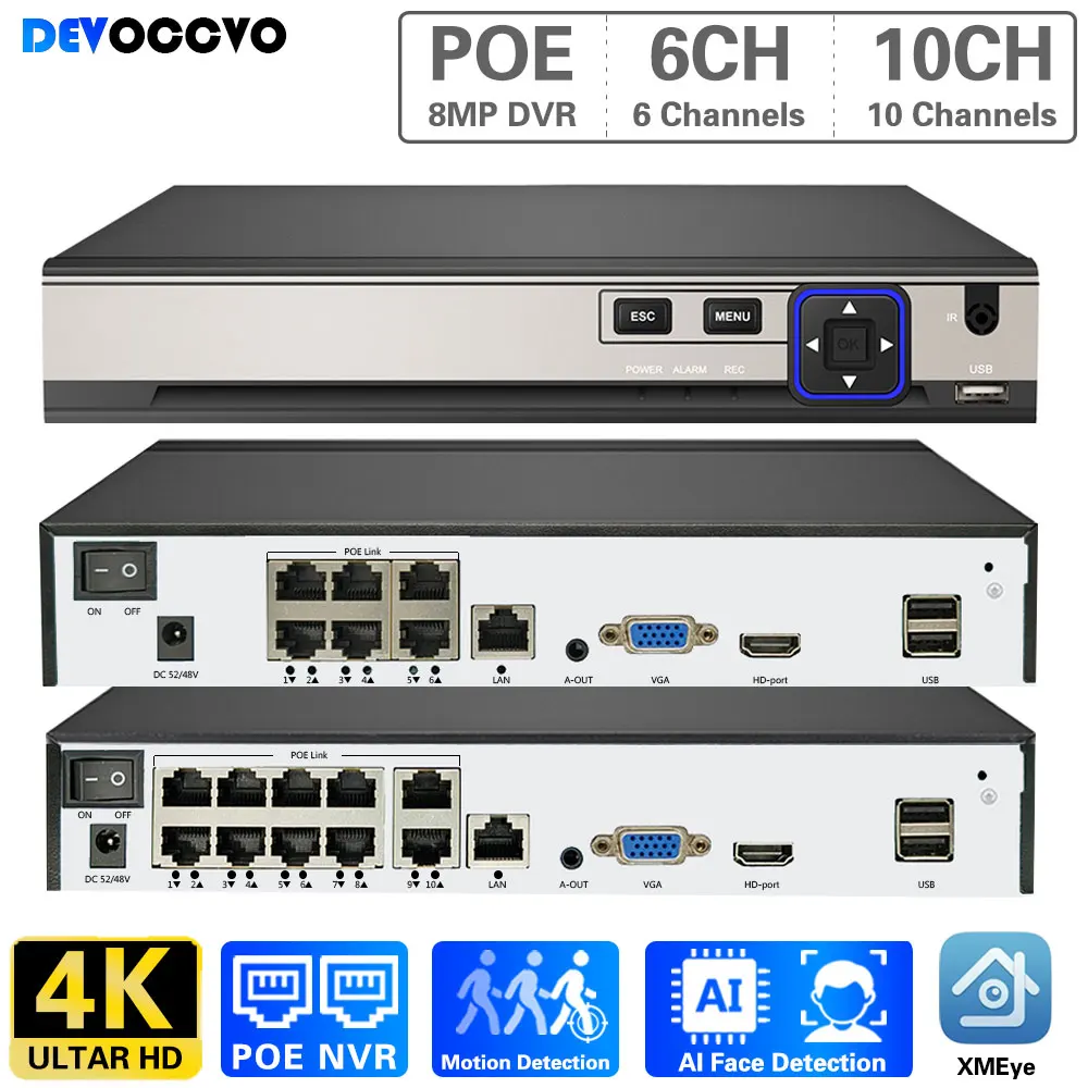 

H.265 Face 10CH 8MP CCTV POE NVR Network Surveillance Video Recorder For 4K 5MP IP Camera XMEYE P2P Cloud 24/7 Record 6CH 8CH