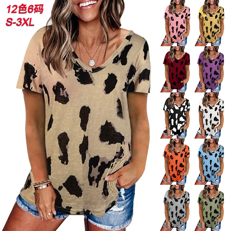 

European and American style 2022 summer new leopard print top loose casual V-neck short sleeves T-shirt women