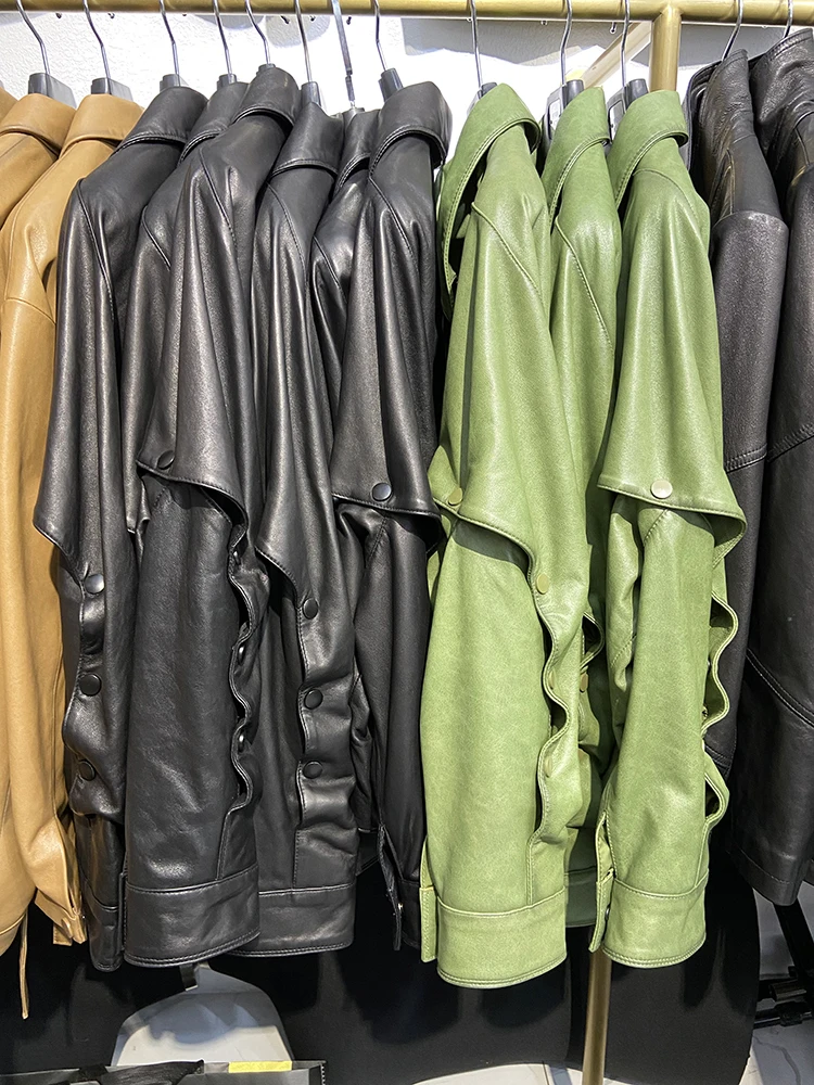 2023 New Design Women Genuine Sheepskin Leather Spring Autumn Fashion Black Real Leather Jacket Loose Green Real Leather Coat