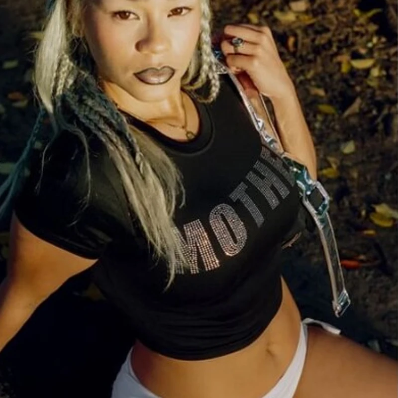 Goth Harajuku Y2k сексуальный тонкий укороченный топ со стразами и буквенным