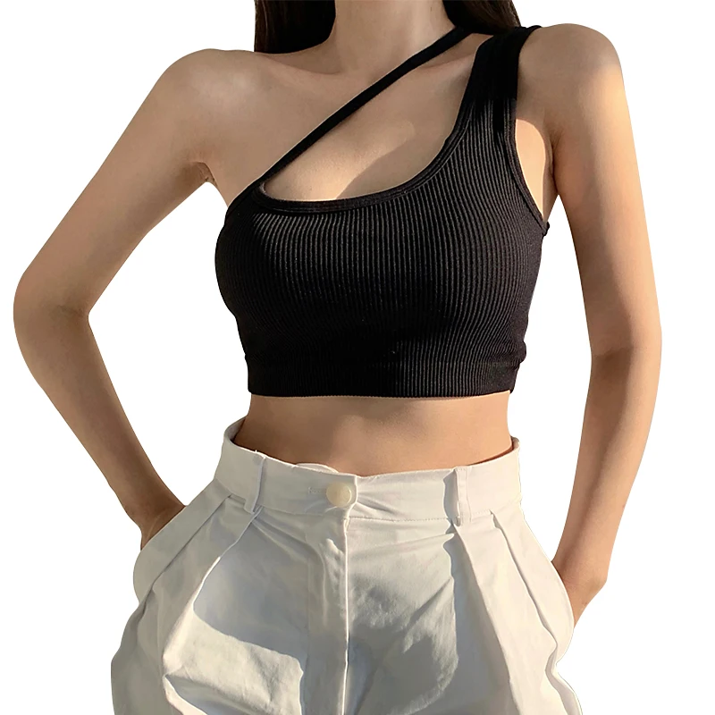 

Women Sexy Navel Tops Plain & Ribbed One Shoulder Sleeveless Slim Tank Tops Sleeveless Solid Color Slim Fit Crop Tops