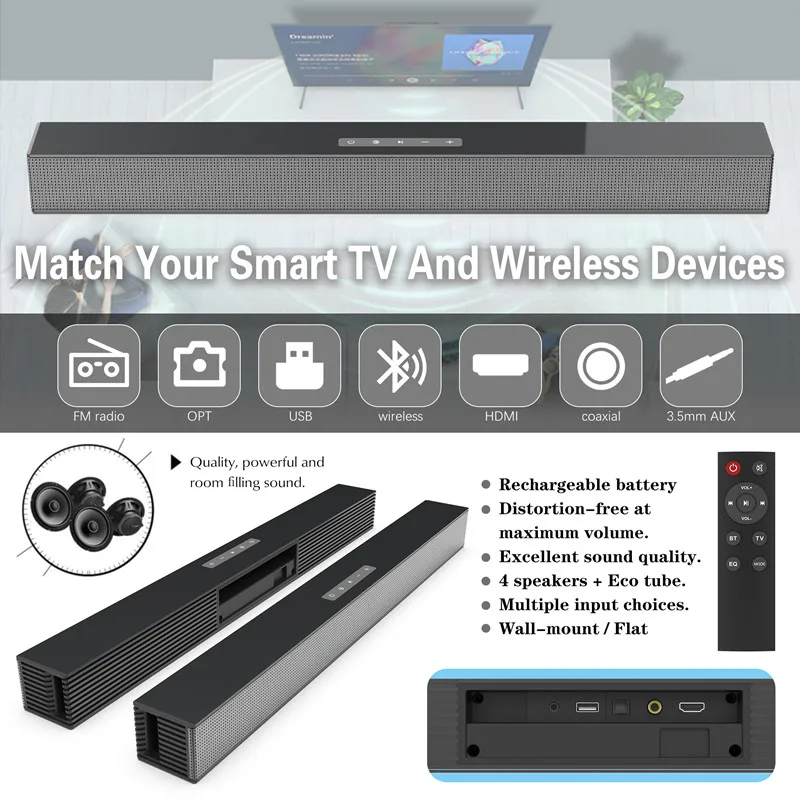 

40W Bluetooth speaker HiFi Stereo surround TV Soundbar home theater TWS music center 4000 mAh with Coaxial fiber input FM Radio