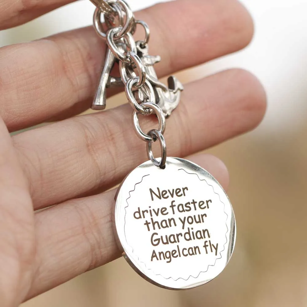

Wholesales 5Pcs/Lot, Mens Keychain Car Memorial Never Drive Faster Than your Guardian Angel Can Fly KeyRings