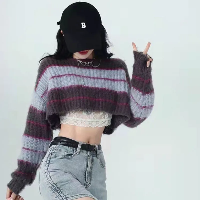 

Women Striped Knit Crop Sweater Autumn Fashion Punk 2000s Y2K Vintage Long Sleeve Pullovers Harajuku Casual Grunge Jumpers Tops