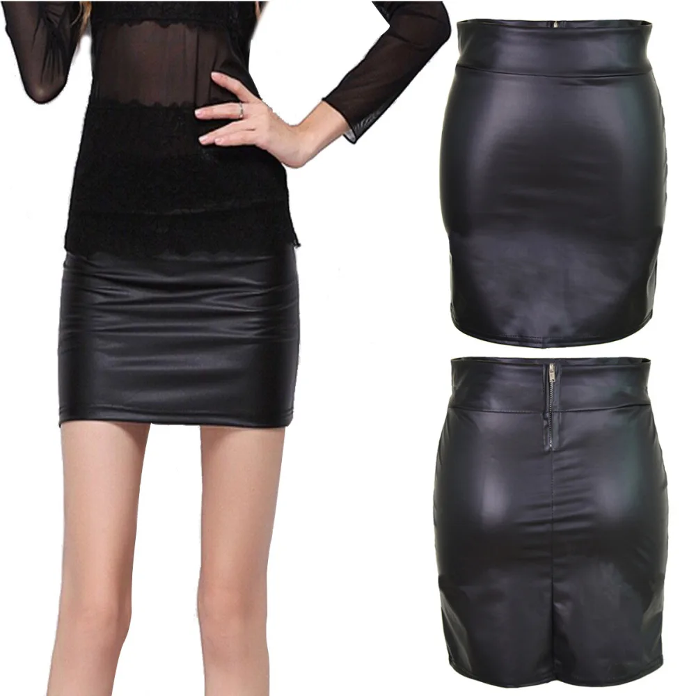 

Sexy Solid Zipper Bandage Skirt Women Elastic Bodycon Fashion Hip Wrap Skirt PU Leather Skirt Slim High Waist A-line Midiskirt
