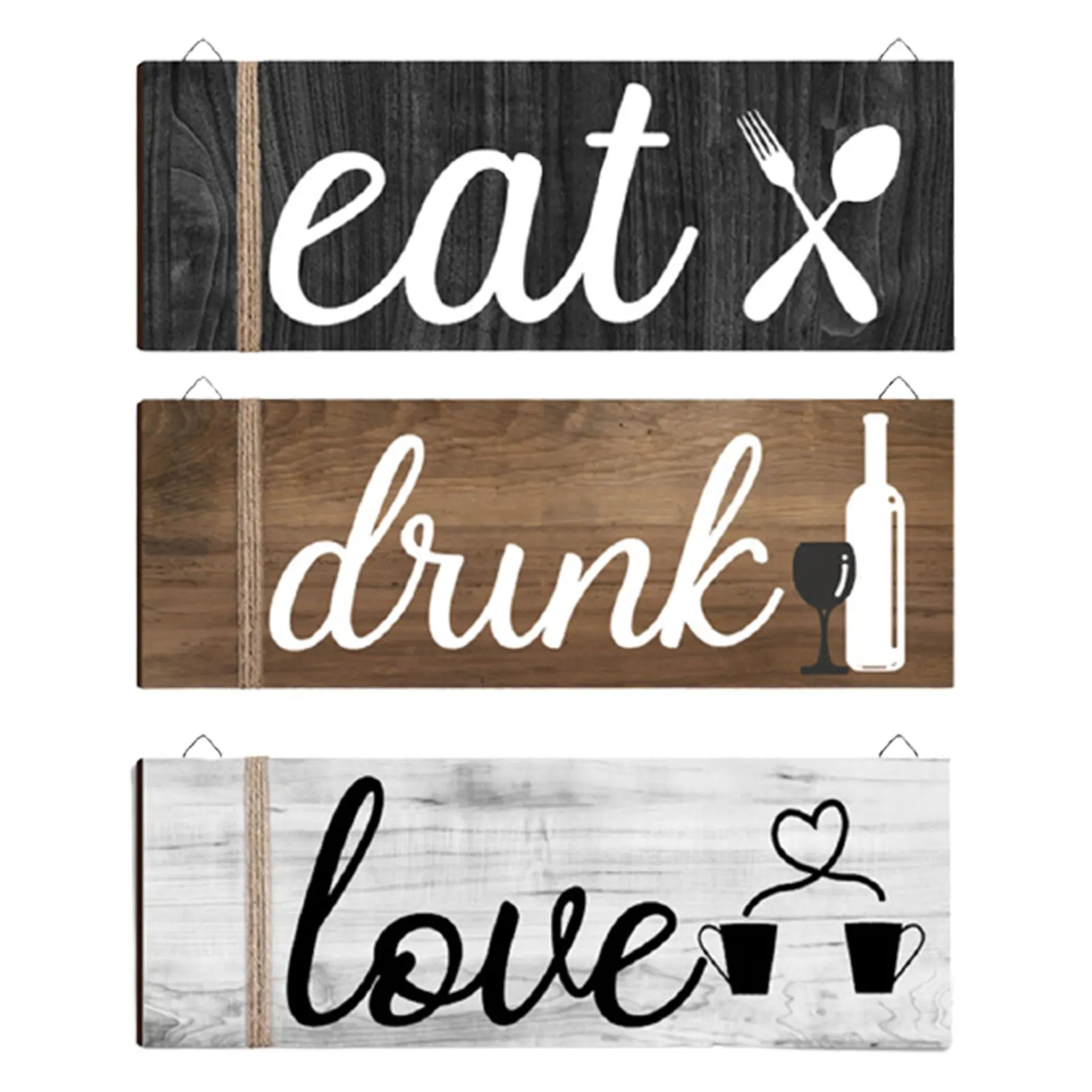 

3pcs Rustic Plague Vintage Wall Decor Bar Home Kitchen Eating Living Room Hanging Ornament Mount With Hole Love Wood Sign