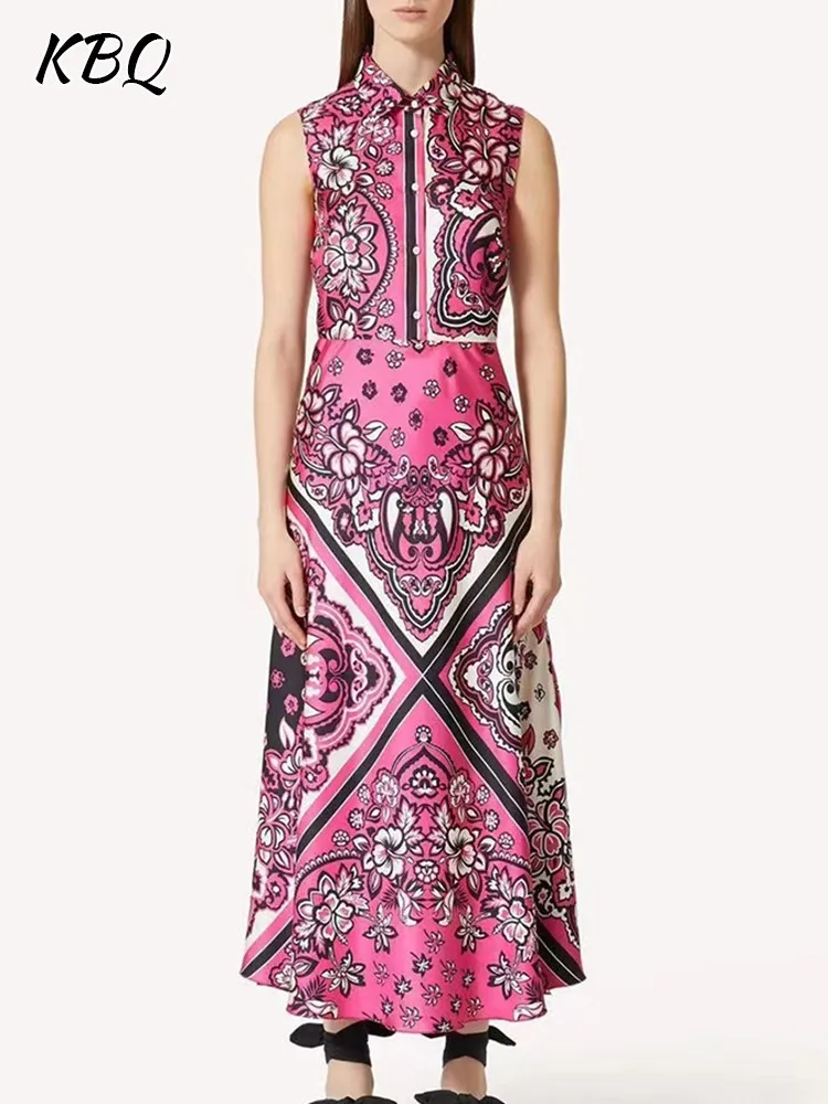 

KBQ Print Hit Color Dress For Women Lapel Sleeveless High Waist Spliced Single Breasted Skinny Dresses Female Summer Fashioin