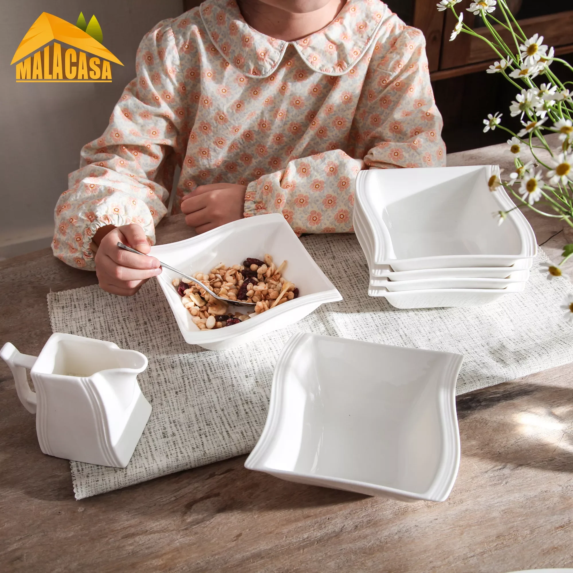 

6-pieces FLORA White Porcelain Square Soup Cereal Oatmeal Bowls Dinner Breakfast Household Dinnerware Bowl Sets