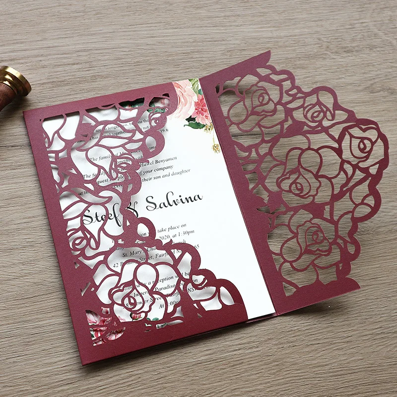 

(10 pieces/lot) Laser Cut Rose Burgundy Pocket Wedding Invitations Pink Birthday Engagement 15 Years Invite Greeting Card IC150
