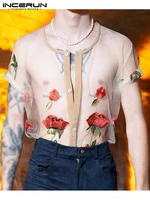 american style new mens rose printing perspective blouse fashion sexy male short sleeved o neck shirts s 5xl incerun tops 2022