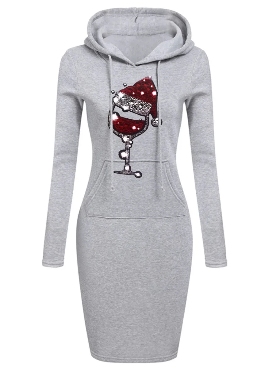 

LW Christmas Dress Wine Glass Print Kangaroo Pocket Sweat T-shirt Hoodie Autumn Winter Women Long Sleeve New Hooded Outfits