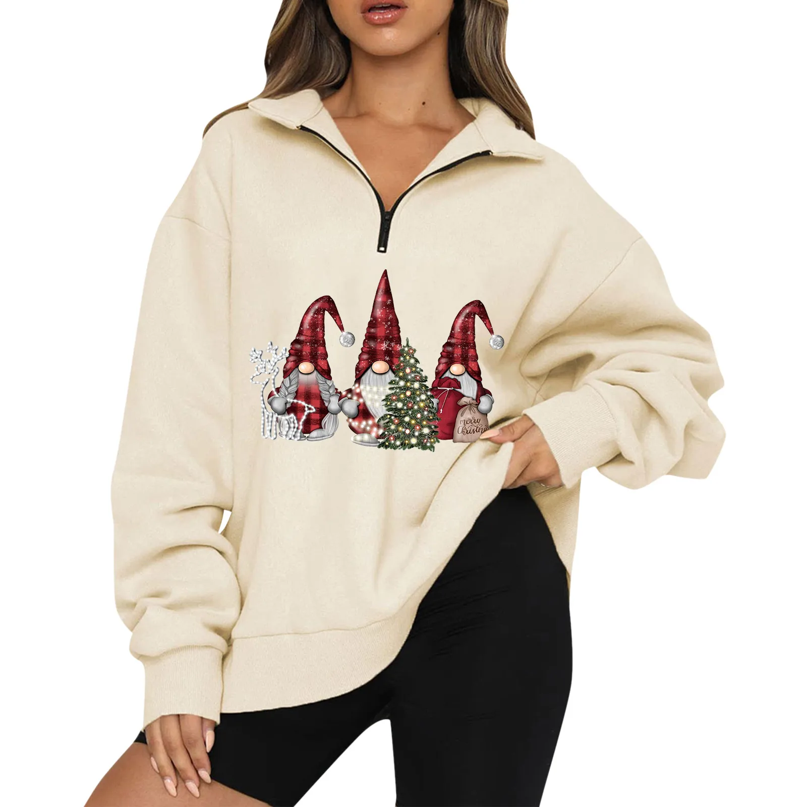 

Autumn Winter Women's Sweatshirt Christmas Print Long Sleeve Half Zip Pullover Sweatshirt American Vintage Oversized Blouse Tops