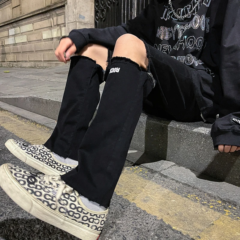 Korean Slim Fit Ripped Jeans Pants for Mens Summer Fashion Trends Gothic Streetwear Bottoms Teens Leg Patchwork Denim Trousers