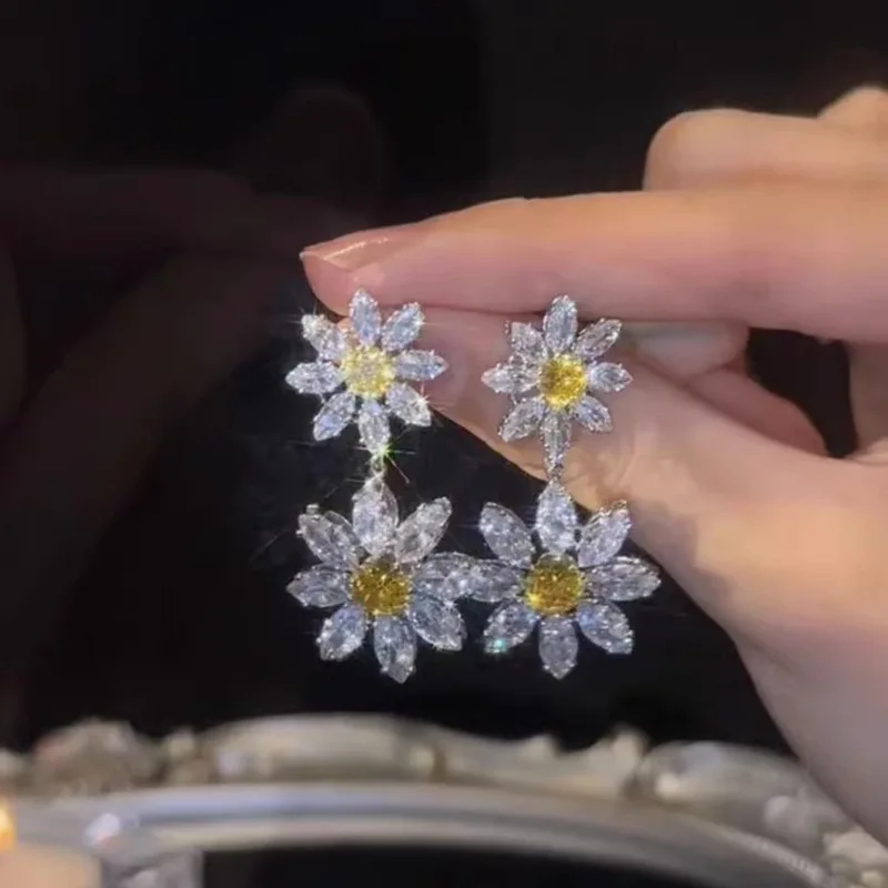 

Новые блестящие циркониевые серьги в виде подсолнуха для женщин, уникальный дизайн, модные летние аксессуары, украшения, подарки на день рождения