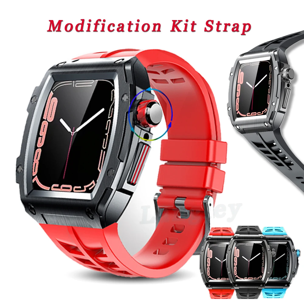 

For Apple Watch Band Case 45mm 44mm Modification Kit Silicone Strap Protective Cover for iWatch 76SE5 Aluminum Alloy Luxury Band