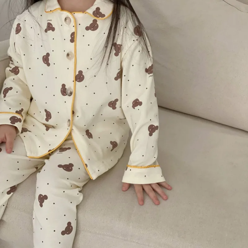 

Children Pajamas Set Autumn New Korean Kids Cotton Gauze Polka Dot Boys' Set Long Sleeve Two Piece Suit Girls' Home Clothes