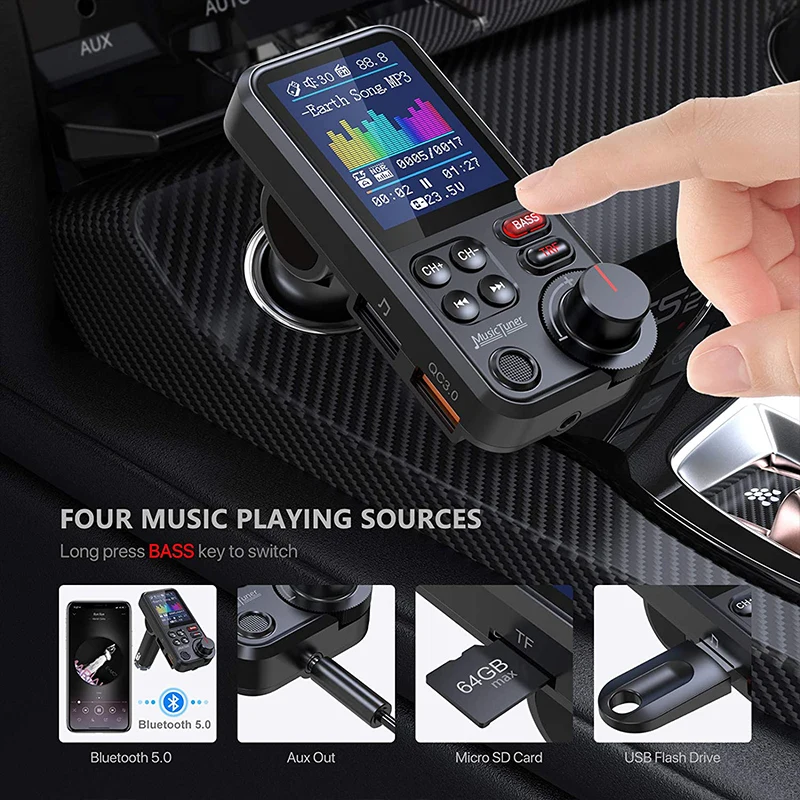 

Car MP3 HIFI Music Player Bluetooth 5 Receiver FM Radio Adapter Aux Supports QC3.0 Fast Charging U Disk/TF Card Treble and Bass