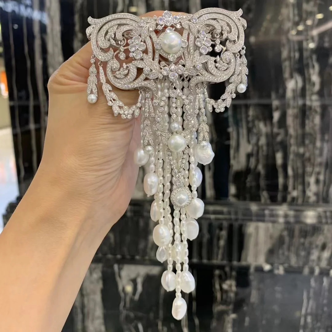 

Винтажная большая роскошная брошь victoria из натурального пресноводного жемчуга с кисточками из искусственного серебра с кубическим циркони...