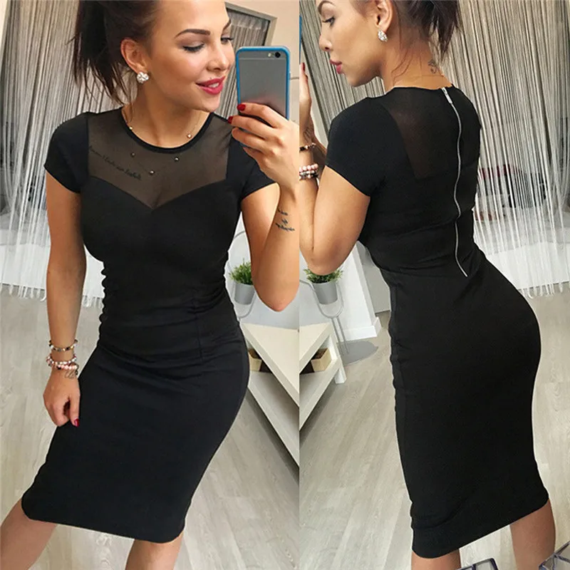 

Black Elegant Dress Women Sexy Bandage Skinny Pleated Dress Long Sleeve Mesh Patchwork Hollow Out Pencil Bodycon Female Dresses