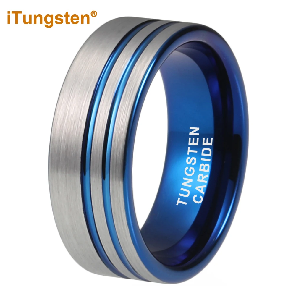 

iTungsten 8mm Blue Tungsten Carbide Ring for Men Women Engagement Wedding Band Two Offset Line Flat Brushed Finish Comfort Fit