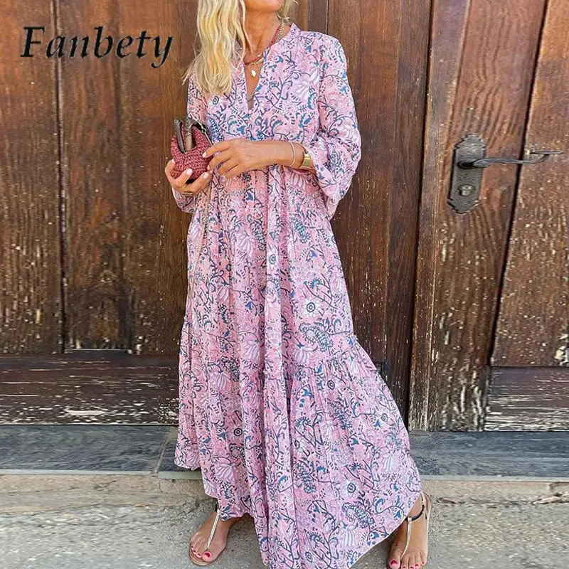 

Women Elegant Pattern Print Party Dress Summer Fashion V-Neck Three Quarter Beach Dress Ladies Casual Loose Long Dress Vestido