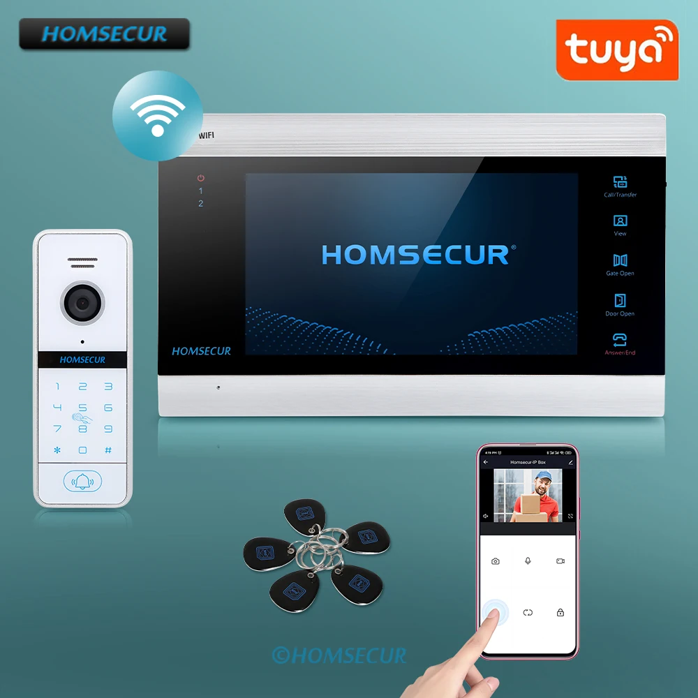 

HOMSECUR 7" 4 Wire Tuya WIFI Video Doorphone Intercom Door Bell RFID Waterproof Door Unlock Password/Card Camera Monitoring