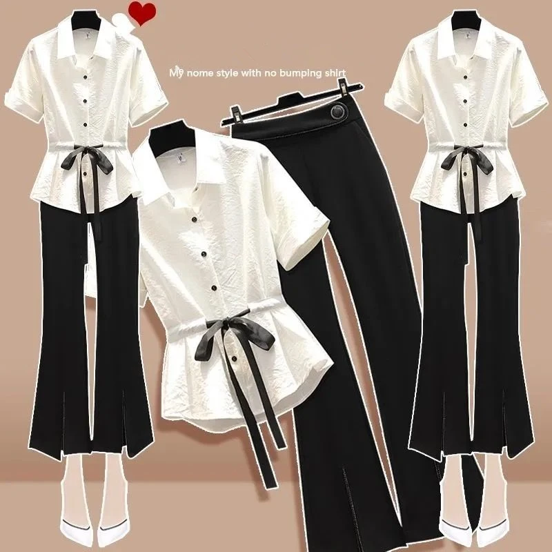 

Women Fashion Bandage Bow Shirt Summer 2022 Korean Office Lady Casual Short Sleeve Blouse High Elastic Waist Flare Pants Set