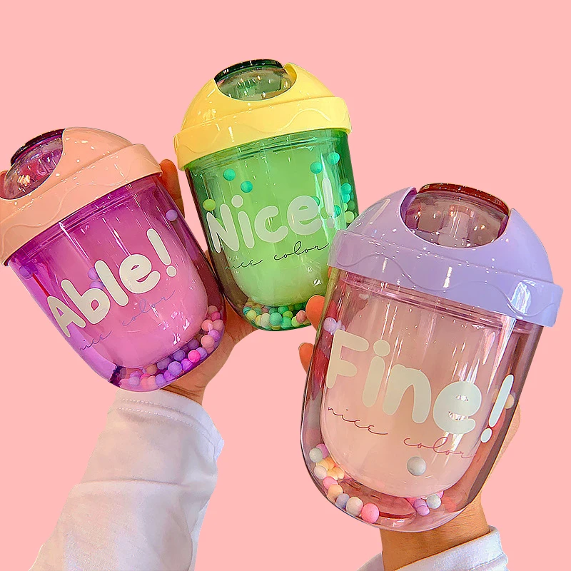 

Creative trend glide cover colorful water bottle double-layer plastic cup high-value cute girl heart home outdoor straw cup
