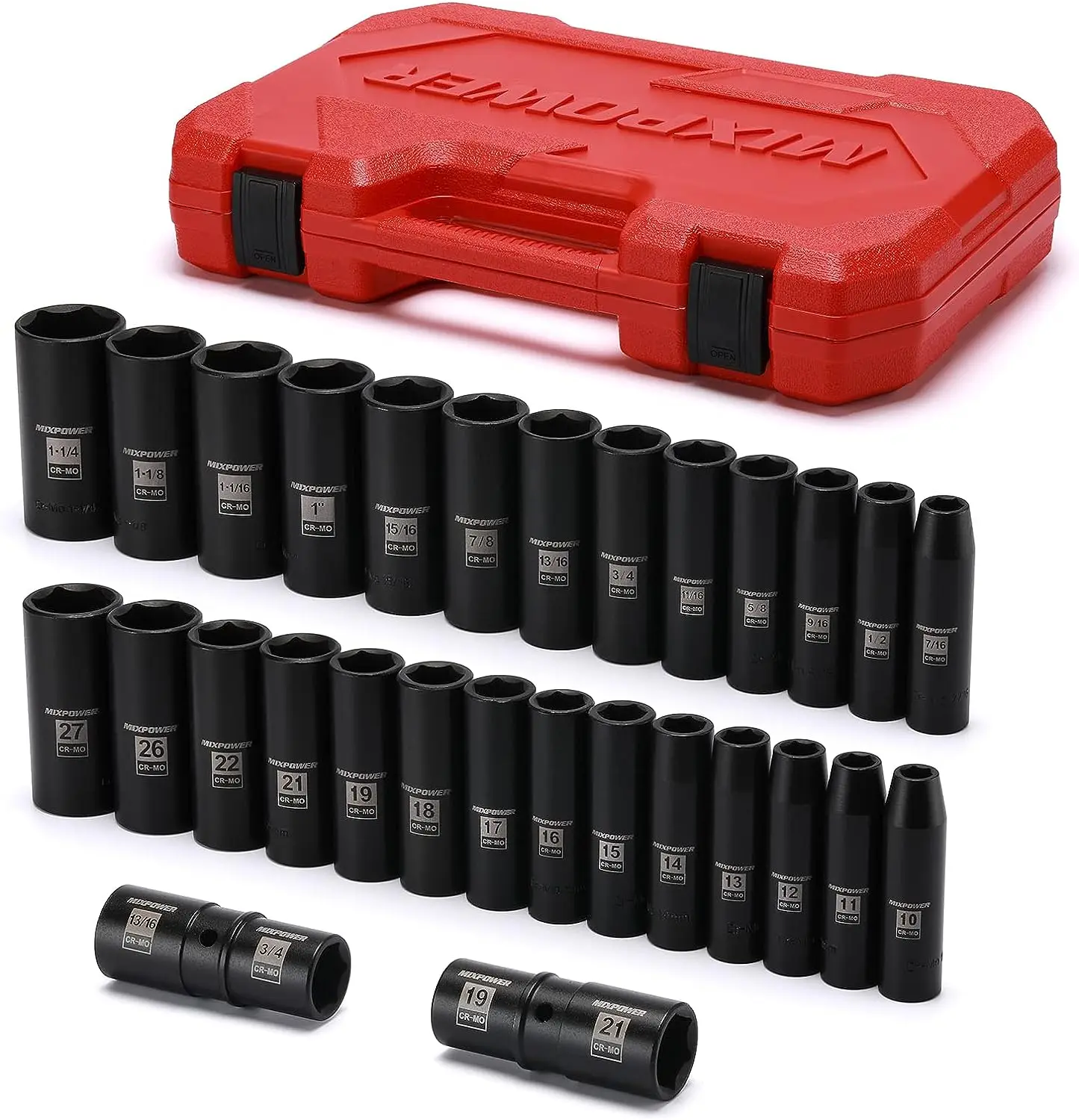

Deep Socket Set, Cr-Mo Steel, 29 Pieces Set, Metric & SAE, 10-27mm, 7/8"- 1-1/4", Include Flip Lug Nut Socket, 19mm