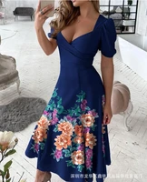 2022 summer new womens printed v neck pleated slit casual dress
