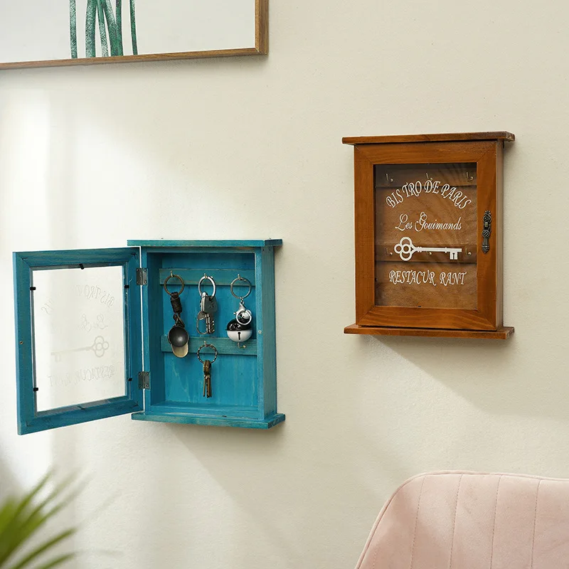 

Vintage Wooden Key Storage Box Key Holder Key Organizer Desktop Cabinet Porch Wall Storage Box with Hanging Hooks Home Decor