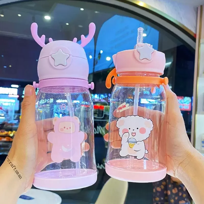 

600ML Antler Water Bottle Children Bounce Straw Drinkware Cartoon Cute Travel Sports Outdoor Strap Water Kawaii Cup Waterbottle