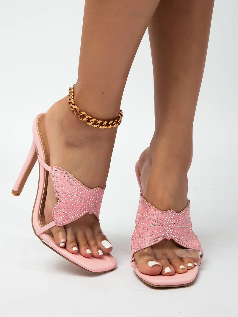 Designer WomAn Slides Heels Slippers Fashion Women Butterfly-knot High Heels Square Toe Shoes Ladies Sandals