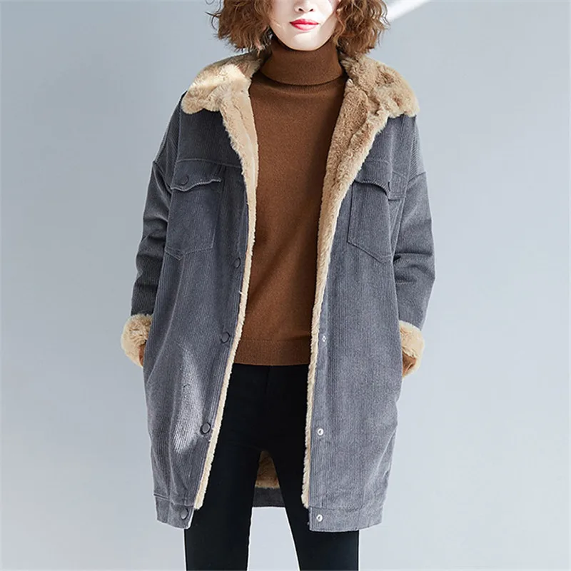 Autumn and Winter Jacket Ladies Corduroy Long Coat Lamb Wool Coat Female Long-sleeved Casual Single-breasted Jacket