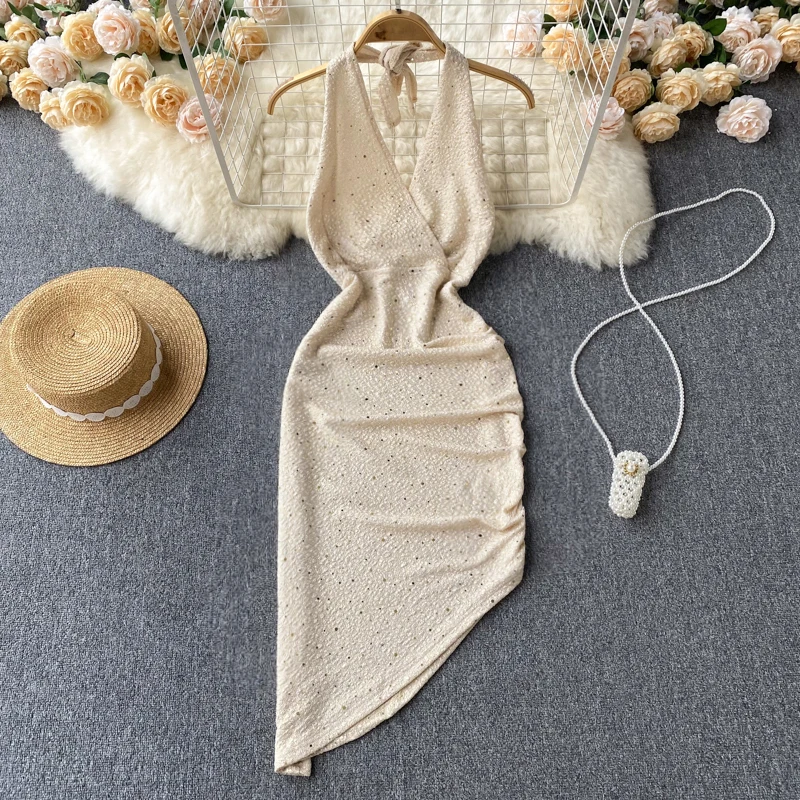 

Chic V Neck Asymmetric Sleeveless Halter Dress Slim High Waist Evening Party Women Summer Hip Wrap Mini Ceremonial Dress