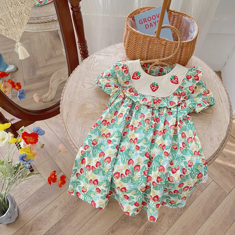 

Платье с вышивкой клубники и оборками для девочек, Новинка лета 2023, детская юбка с коротким рукавом и принтом фруктов