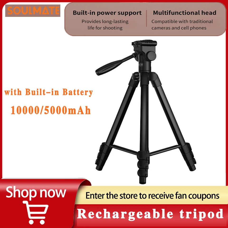 SOULMATE Power Tripod with Built-in Battery 10000mAh Charge Camera and Phone Dual USB interface with 360 ° Panoramic Pan Tile