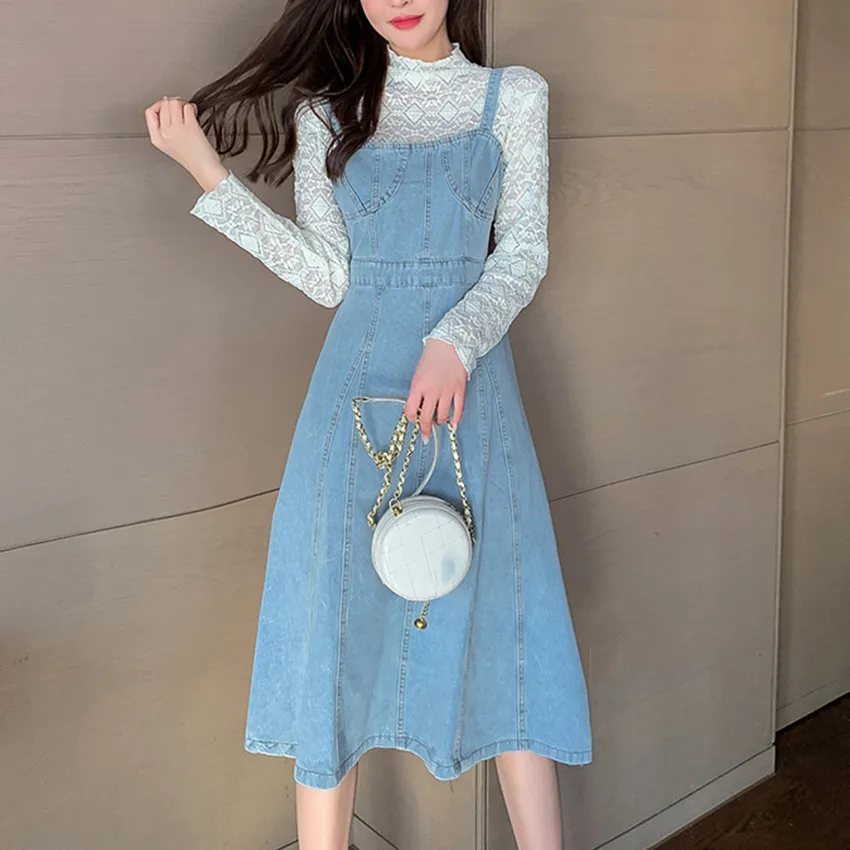 Women Denim Sundress 2022 Spring Summer Sleeveless Spaghetti Strap Dress Jeans Korean Sweet Girls Dresses Elegant All Math