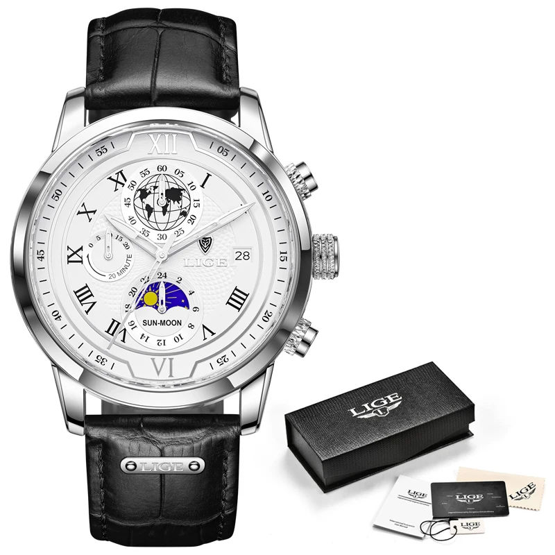 Часы наручные LIGE Мужские кварцевые модные брендовые Роскошные