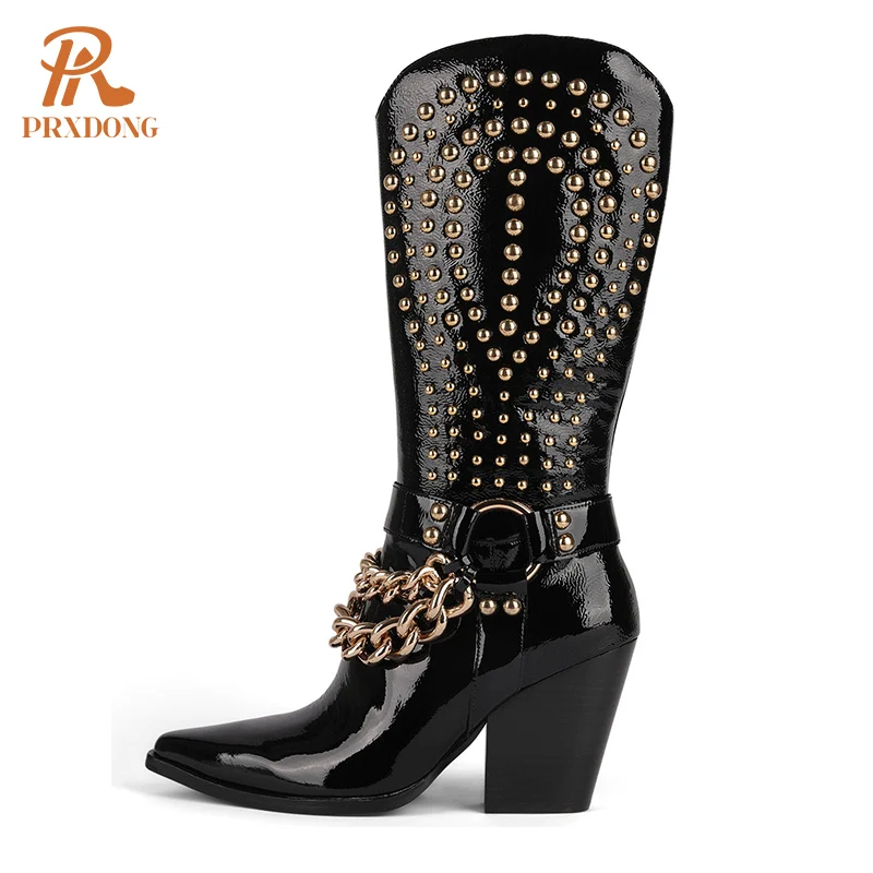 

PRXDONG Women's Shoes Top 2022 New Autumn Winter Chunky High Heels Pointed Toe Rivets Black Dress Party Casual Knee High Boots