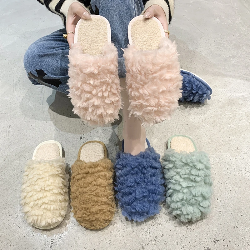 

Женские плюшевые шлепанцы, Уличная обувь на плоской подошве, Нескользящие, повседневные тапки, размеры 36-41, Осень-зима