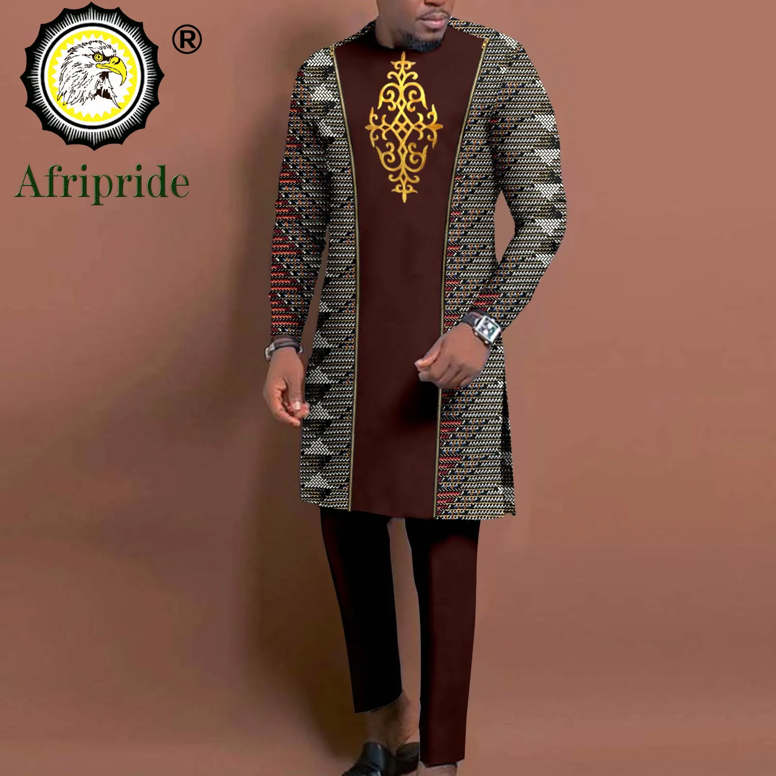 Bazin Riche African Traditional Clothing for Men Embroidery Dashiki Print Zip Blazer Coats with Trousers 2 Piece Suit A2116060