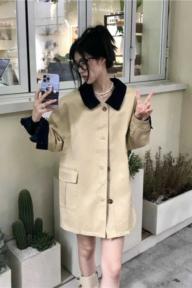 

Длинное женское пальто WDMSNA, свободное повседневное пальто с длинными рукавами и лацканами контрастных цветов