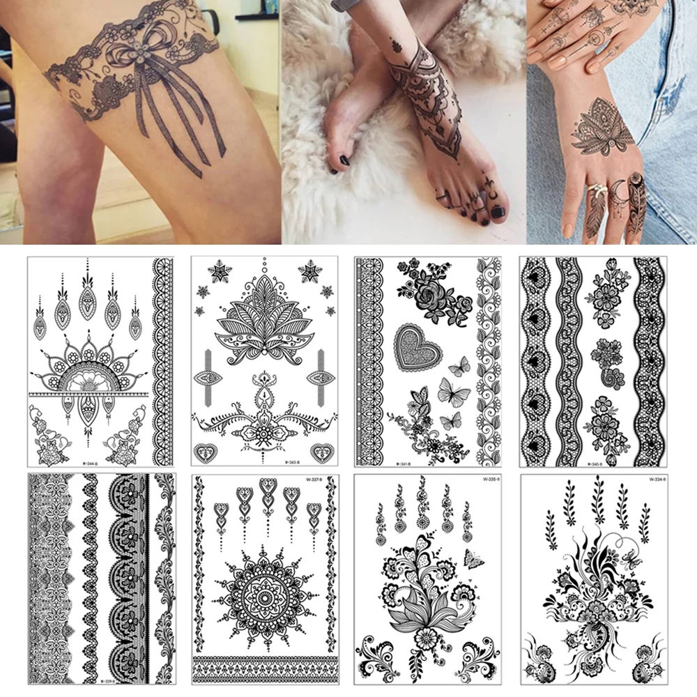 

Black Tattoo Sticker Lace Flower Waterproof Temporary Women Hand Jewelry Fake Tattoo Long Lasting Beauty Body Art Decorations