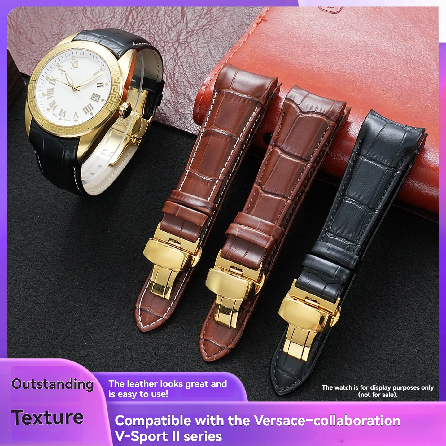 Фото Ремешок для часов Versace V-Sport II Series из натуральной кожи, 24 мм, изогнутая телячья кожа, VFE130015, VFE160017, с застежкой-бабочкой №1