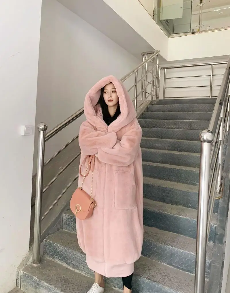 2021 Autumn Winter Thick Warm Plush Outwear Faux Fur Coat Women Casual Luxury Long Oversize Loose Hooded Mane Fur Jacket Female