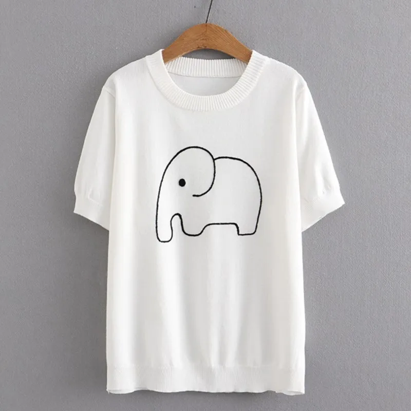 

Plus Size Basic T-Shirt Women 2023 Summer Jacquard Cartoon Elephant O-Neck Tees Short Sleeve Tops Ice Silk Knit Curve Clothes